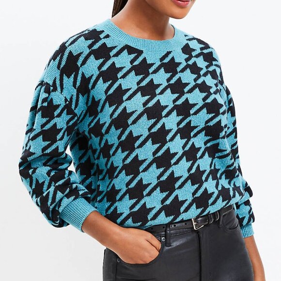 ANN TAYLOR LOFT Petites Houndstooth Sweater Teal Blue Black Drop Shoulder PETITE - Picture 1 of 15